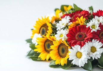 Fototapeta premium Vibrant Arrangement of Sunflowers, Red Gerberas, and White Daisies on White Background for Seasonal Floral Decoration