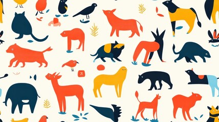 Playful Seamless Pattern Featuring Animal Silhouettes in Vibrant Colors Ideal for Fabrics, Wall Art, and Various Creative Projects