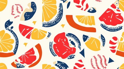Vibrant Seamless Pattern Featuring Repeating Motifs of Apple Pie Slices with Fun Fruit and Baseball Elements for Whimsical Design Projects