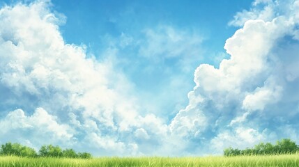 Obraz premium Scenic Blue Sky with Fluffy Clouds and Lush Green Grass Landscape