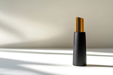 Obraz premium Black and gold cosmetic bottle on white background with sunlight