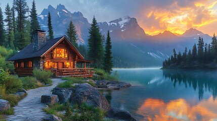 Naklejka premium Peaceful Cabin Lake Mountain Getaway high resolution hd background