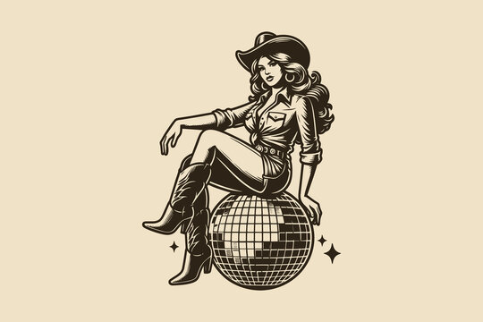 Vintage cowgirl sitting on a disco ball, black and white icon