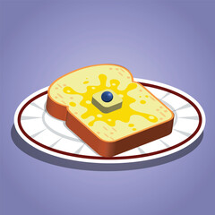 This image showcases a delicious slice of golden-brown toast topped with a melting pat of butter and a single blueberry, all served on a decorative plate. 