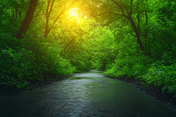 Obraz premium Path winding through lush green forest, sunny