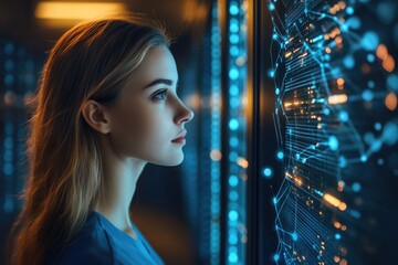 A young woman gazes intently at a futuristic digital display filled with glowing data streams and network connections.