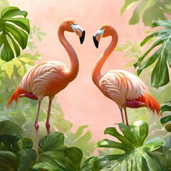 Fototapeta premium Elegant Flamingos Surrounded by Lush Tropical Foliage in Pink Background