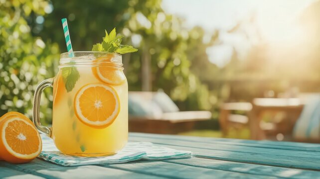 Refreshing Orange Lemonade in Mason Jar on Sunny Garden Table