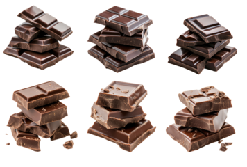 A set of chocolate bars stacked on top of each other on a transparent background, suitable for culinary themes and sweets-focused settings.