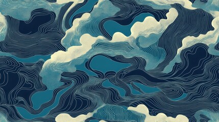 Abstract Seamless Pattern Representing Southeast Asian River and Waterway in Fluid Shades of Blue and Cream with Elegant Linework