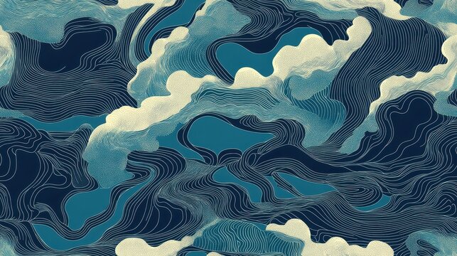 Abstract Seamless Pattern Representing Southeast Asian River and Waterway in Fluid Shades of Blue and Cream with Elegant Linework