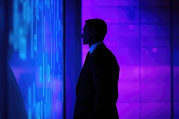 Fototapeta premium A businessman silhouetted against a vibrant blue and purple background, analyzing data on a digital screen.