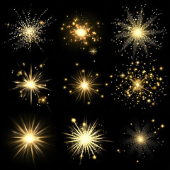 Naklejka premium Golden firework bursts on black background in nine unique patterns