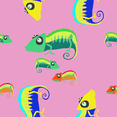Seamless composition  colored hameleons. Hand drawn.