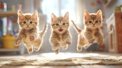 Three playful kittens jumping in a sunlit room, surrounded by colorful toys and a cozy atmosphere