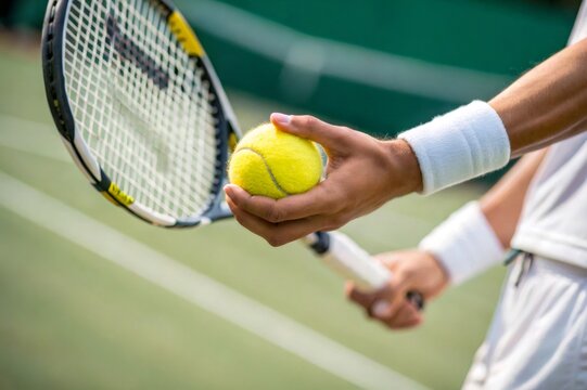 Tennis player preparing to serve holding ball and racket