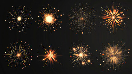 Fototapeta premium Various bright fireworks bursting in dark sky with golden sparks and radiant patterns