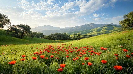 Vibrant Red Poppies Blooming in Green Meadow Under Bright Sky