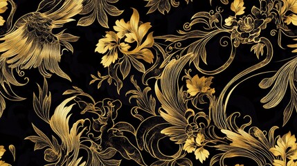 Detailed Thai Lai Rod Nam Inspired Seamless High Fidelity Pattern of Elegant Floral Motifs in Gold on a Black Background