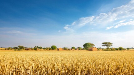 Obraz premium Expansive Golden Field Under Bright Blue Sky with Distant Huts
