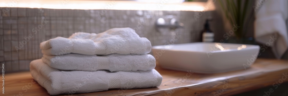 Aufkleber cozy bathroom setting with neatly folded towels for hotels and spa salons generative ai