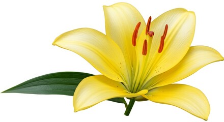 Yellow Lily Blossom - A single, vibrant yellow lily flower with a green leaf, isolated on a white background. Perfect for spring or summer themes