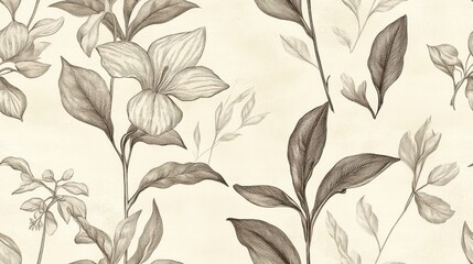 Vintage Botanical Seamless Pattern Illustrations with Delicate Flower and Leaf Designs on a Soft Beige Background for Elegant Decor