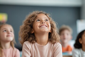 diverse group of children sitting happily in well-lit classroom engaging in interactive learning activity showcasing