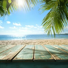 Serene Beachfront View with Tropical Palm Leaves and Clear Sky