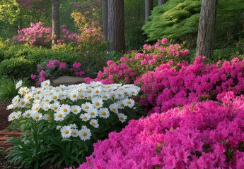 Vibrant Blooming Garden with White Daisies and Pink Azaleas Surrounded by Lush Green Leaves in a Serene Natural Setting