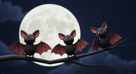 Naklejka premium Adorable Bats on Branch Under Moon - Three cute cartoon bats perched on a branch, silhouetted against a bright full moon. Perfect for Halloween or autumn themes