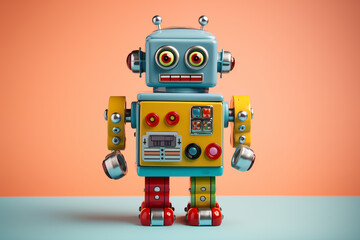 Fototapeta premium Colorful vintage robot toy standing against a pastel background, showcasing playful design and retro aesthetics, ideal for blogs, advertisements, and children's themes.