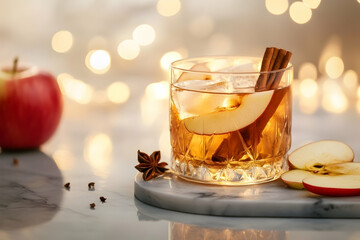 Highball glass with apple cinnamon cocktail on a marble bar counter with ambient lighting