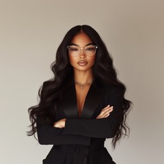 BUSINESS - A confident and stylish woman with a light brown complexion poses with arms crossed, wearing a sleek black blazer dress with a deep neckline