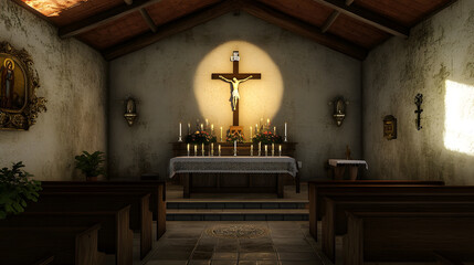 A rustic chapel interior.  Wooden pews face an altar with a crucifix, candles, and flowers.  Warm lighting and aged walls create a peaceful, spiritual atmosphere.