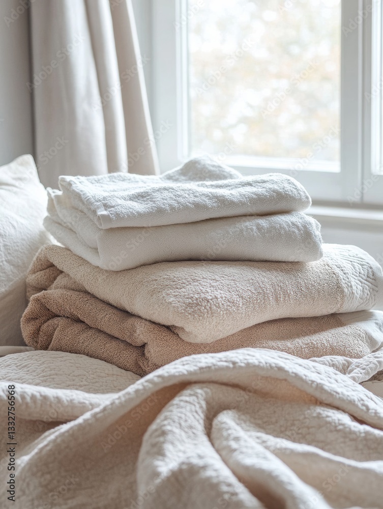Poster neatly arranged fresh towels and linens on a serene bed in a cozy bedroom filled with soft light gen