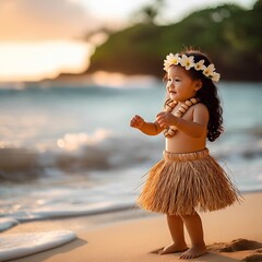 Adorable Hawaiian Toddler in Traditional Hula Attire Playing on the Beach at Sunset