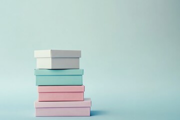 Fototapeta premium Four pastel-colored boxes stacked on light blue background