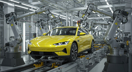 Automated Car Manufacturing Process - Yellow car on automated assembly line, robotic arms performing tasks. Modern automotive production