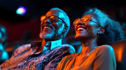 Obraz premium Joyful couple enjoying a comedy show in a lively theater environment