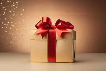 Decorative gift box with a red bow on a golden background, ideal for holiday celebrations and special occasions.