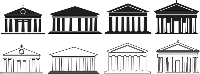 bank government Building Constructions icon in flat, line style set. isolated on transparent background