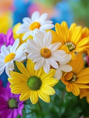 Naklejka premium Vibrant bouquet of colorful daisies featuring bright yellow, white, and purple blossoms with lush green leaves against a blurred background