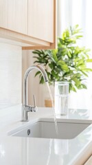 Modern Kitchen Sink with Water Flowing and Glass on Countertop
