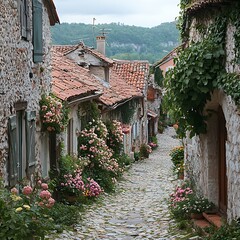 Fototapeta premium Picturesque French town with blooming flowers high resolution hd background