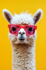 Fototapeta premium Cute alpaca wearing glasses on color background.