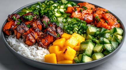 Delicious Teriyaki Salmon Poke Bowl with Mango, Avocado, and Cucumber