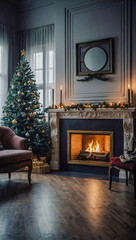 Christmas interior with a fireplace and tree surrounding a blank frame.