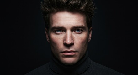 Confident Man Portrait - Close-up portrait of a serious man with blue eyes, dark hair, wearing a turtleneck
