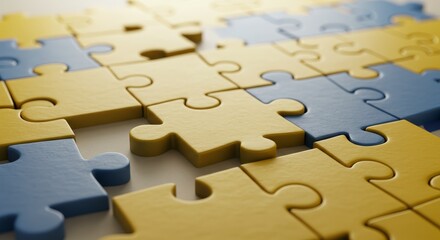 Obraz premium Connecting the Pieces: A Puzzle of Success - Close-up of yellow and blue puzzle pieces, symbolizing teamwork, problem-solving, and strategic planning